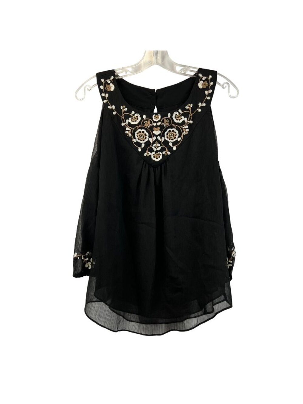 WHBM Womens Embroidered Top Cold Shoulder 3/4 Sleeve Black/Multi Size Small